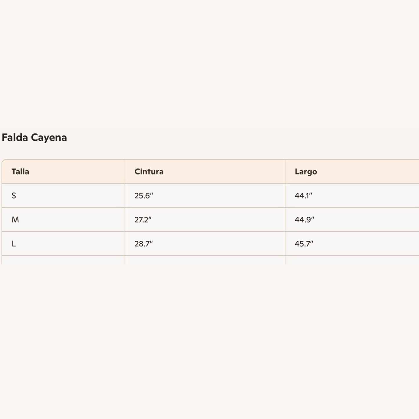 Size Chart tiered skirt