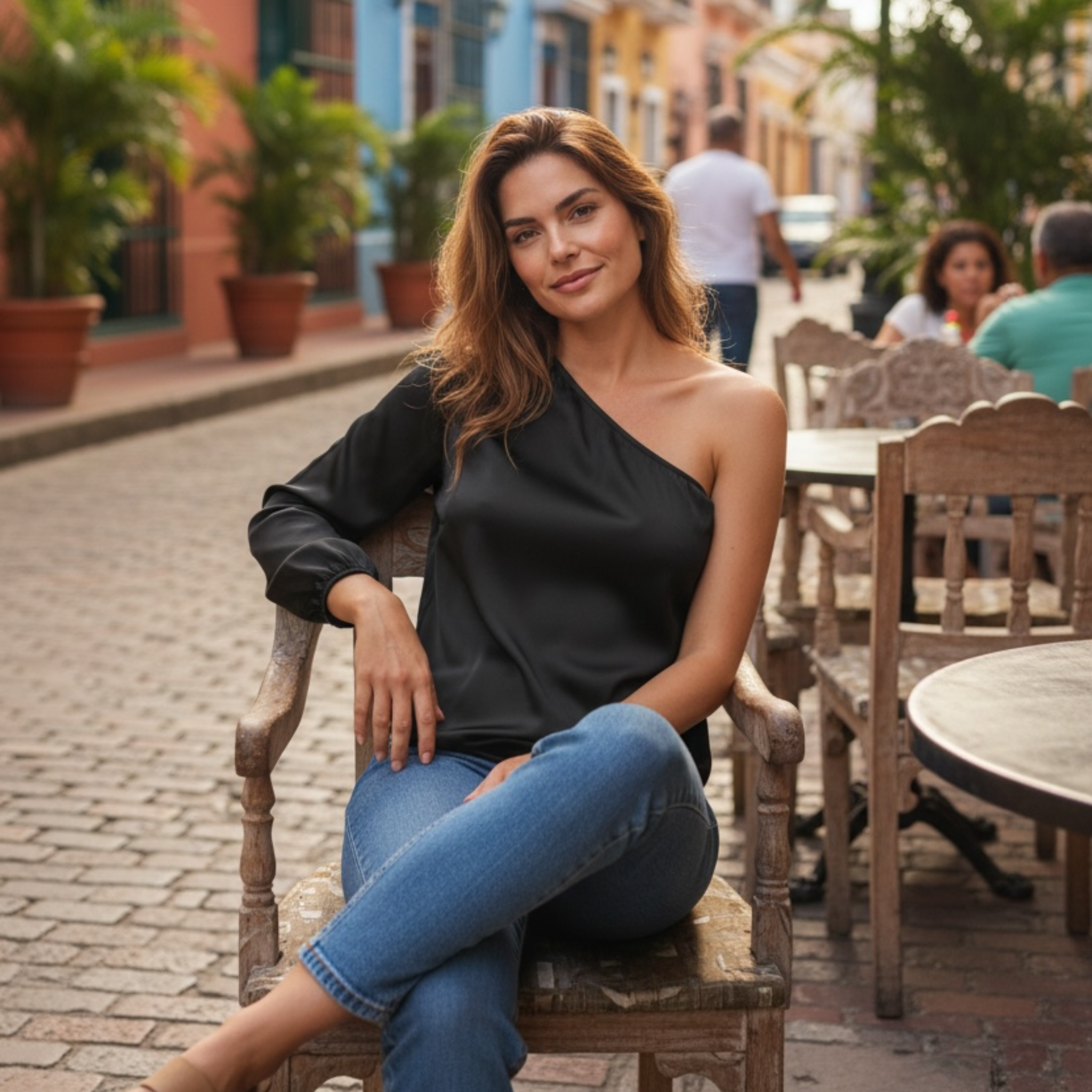 Woman wearing elegant black one shoulder blouse sitting outdoors on wooden chair