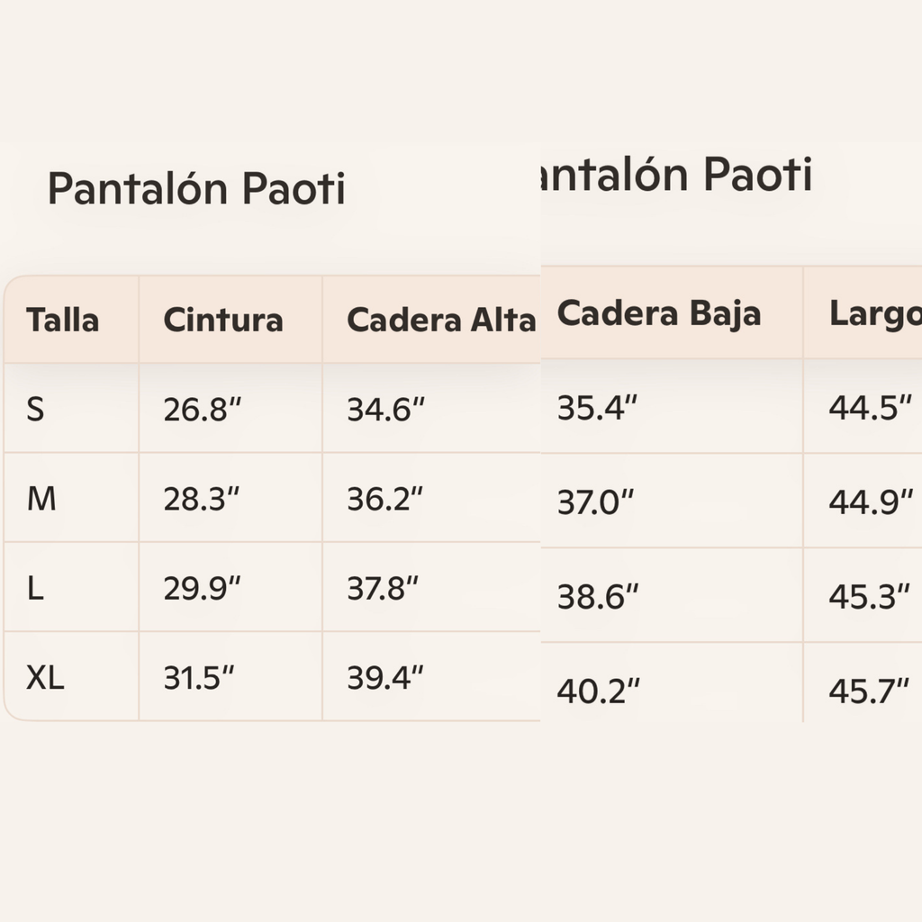 Size Chart long pants for women