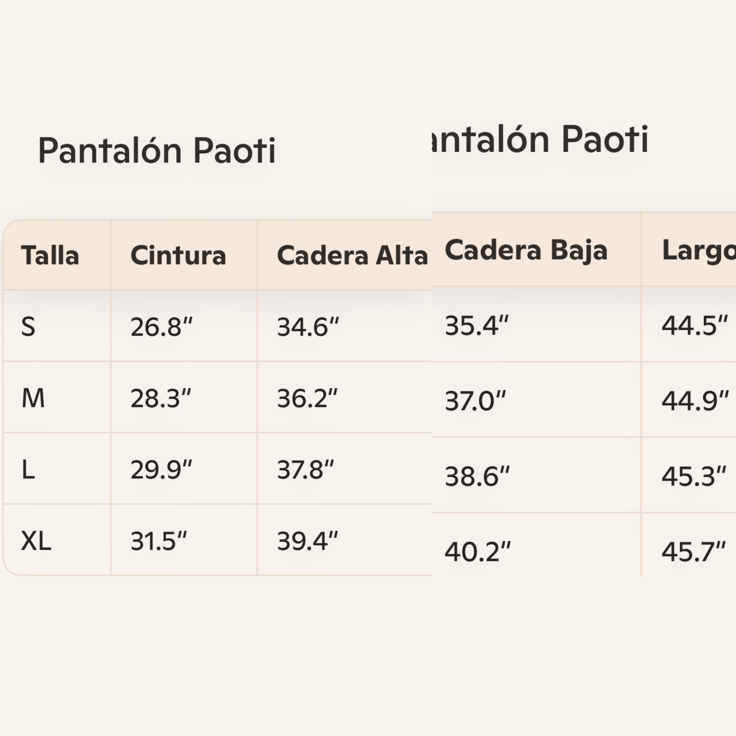 Size Chart long pants for women
