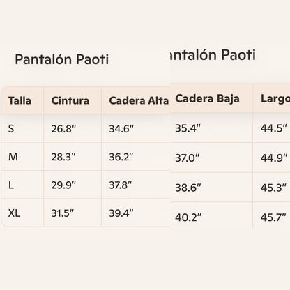 Size Chart long pants for women