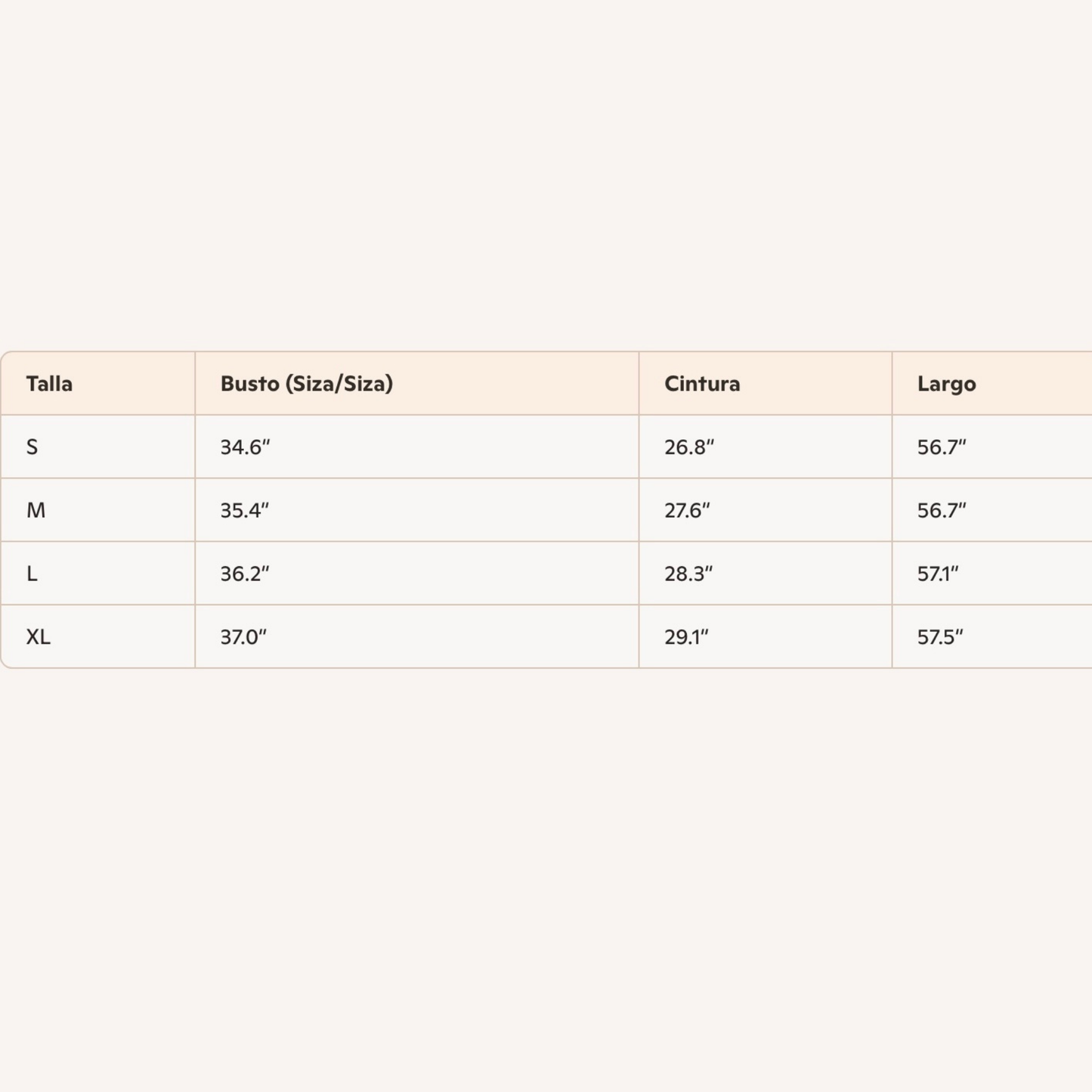 Size chart for clothing with measurements in inches