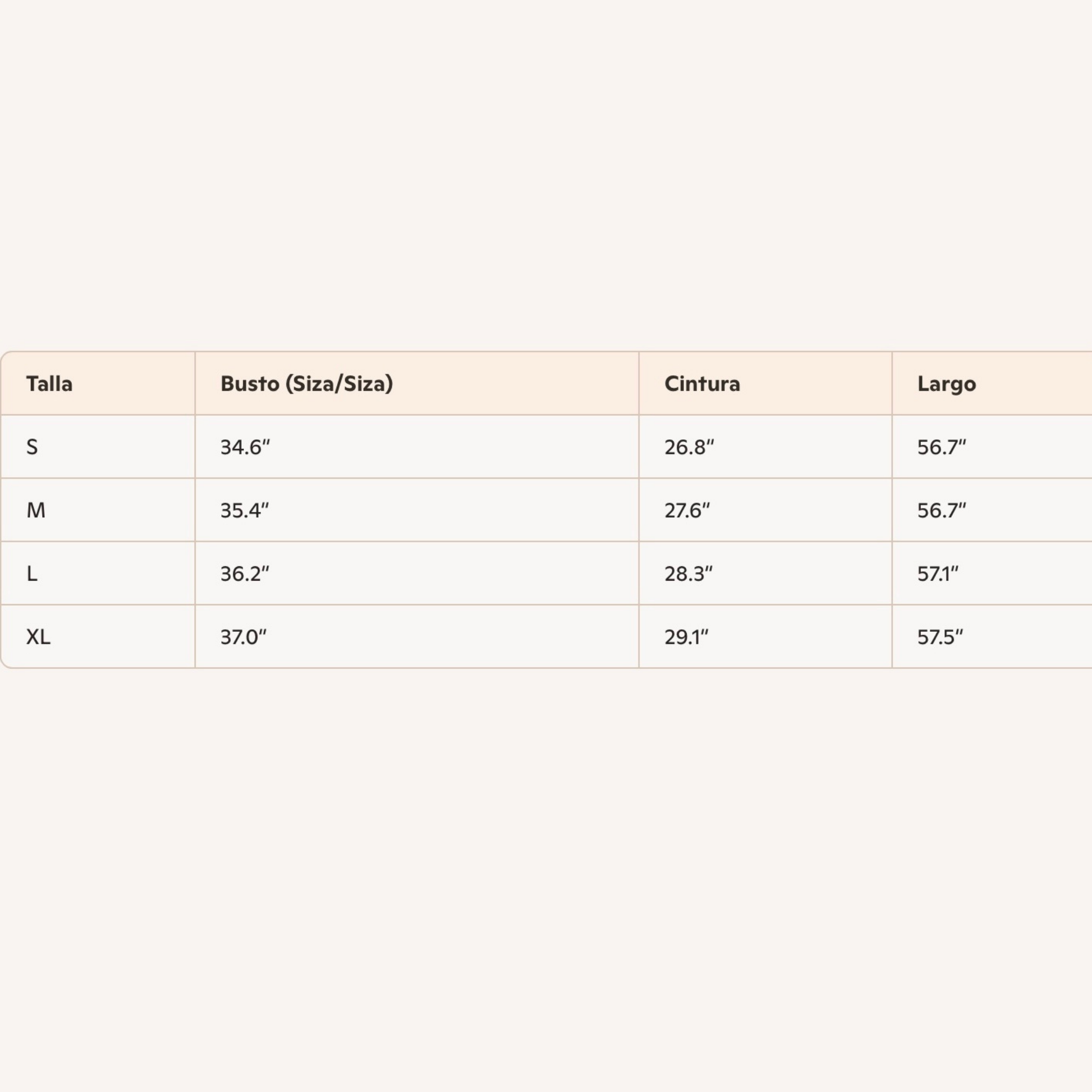 Size chart for clothing with measurements in inches